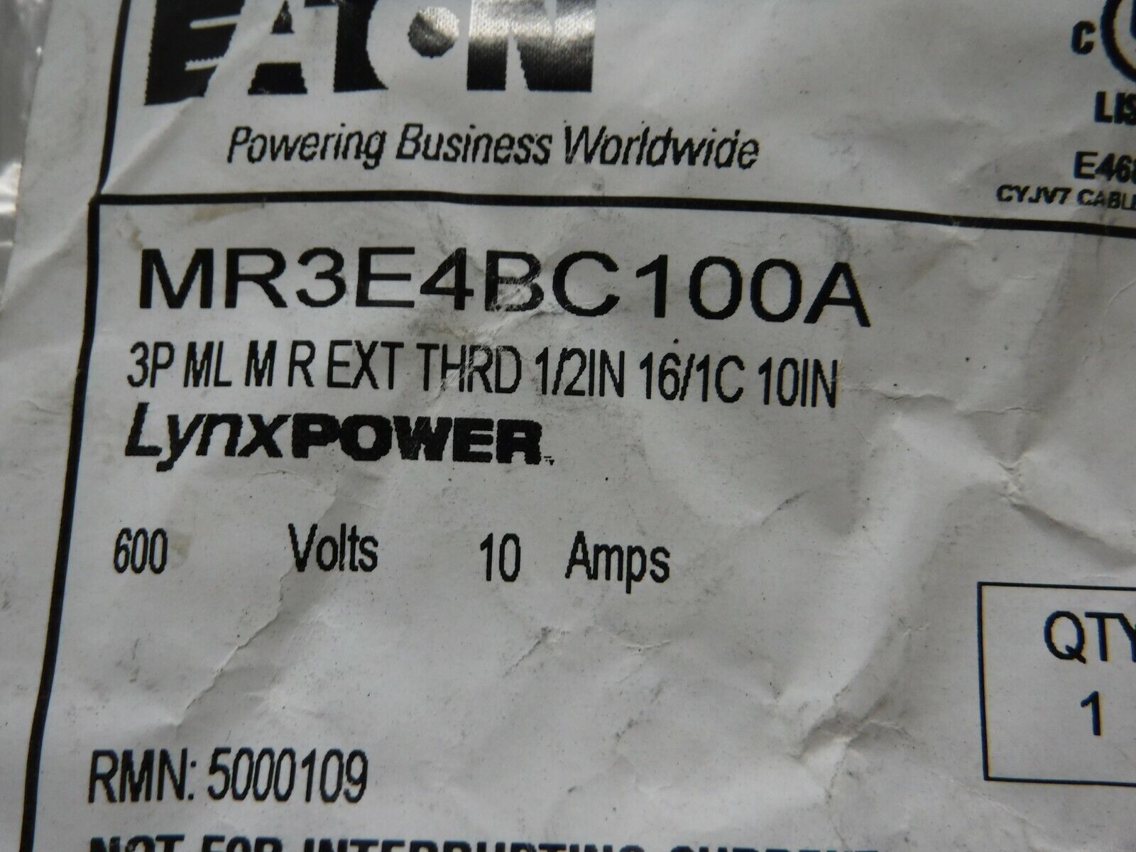 MR3E4BC100A - Eaton MR3E4BC100A, 5000109, 3 - Pole Receptacle 1/2" NPT - Surplus Alley
