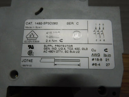 1492 - SP3D060 - Allen - Bradley 1492 - SP3D060 Circuit Breaker, Ser. C, 6A, 3 Pole - Surplus Alley