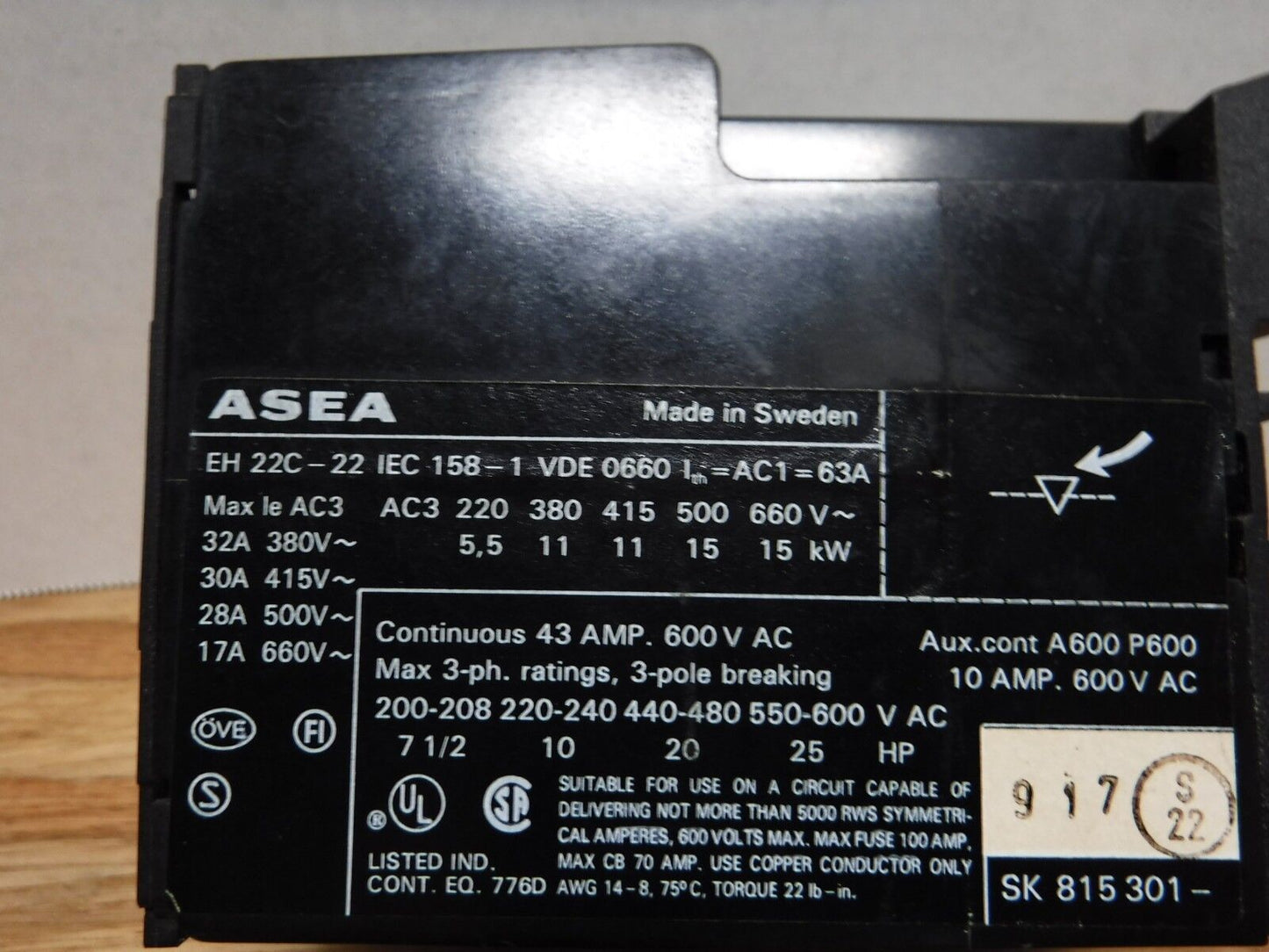 EH22C - 22 - ASEA EH22C - 22 3 pole 43 Amp 600 Volt Contactor 24 VDC Coil - Surplus Alley