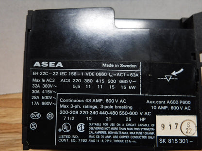 EH22C - 22 - ASEA EH22C - 22 3 pole 43 Amp 600 Volt Contactor 24 VDC Coil - Surplus Alley