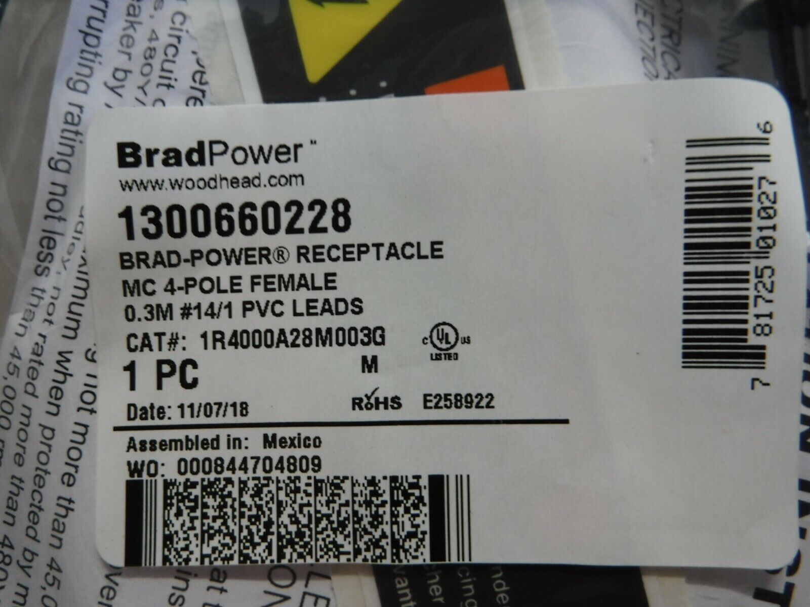 1R4000A28M003G - BRAD POWER 1R4000A28M003G, RECEPTACLE MC, FEMALE, 4 - POLE, 14 GAUGE - Surplus Alley