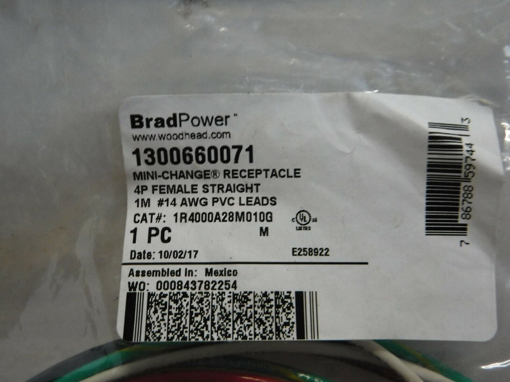 1R4000A28M010G - BRAD POWER 1R4000A28M010G, MINI CHANGE RECEPTACLE FEMALE, 4 - POLE, 14 GAUGE 1M - Surplus Alley