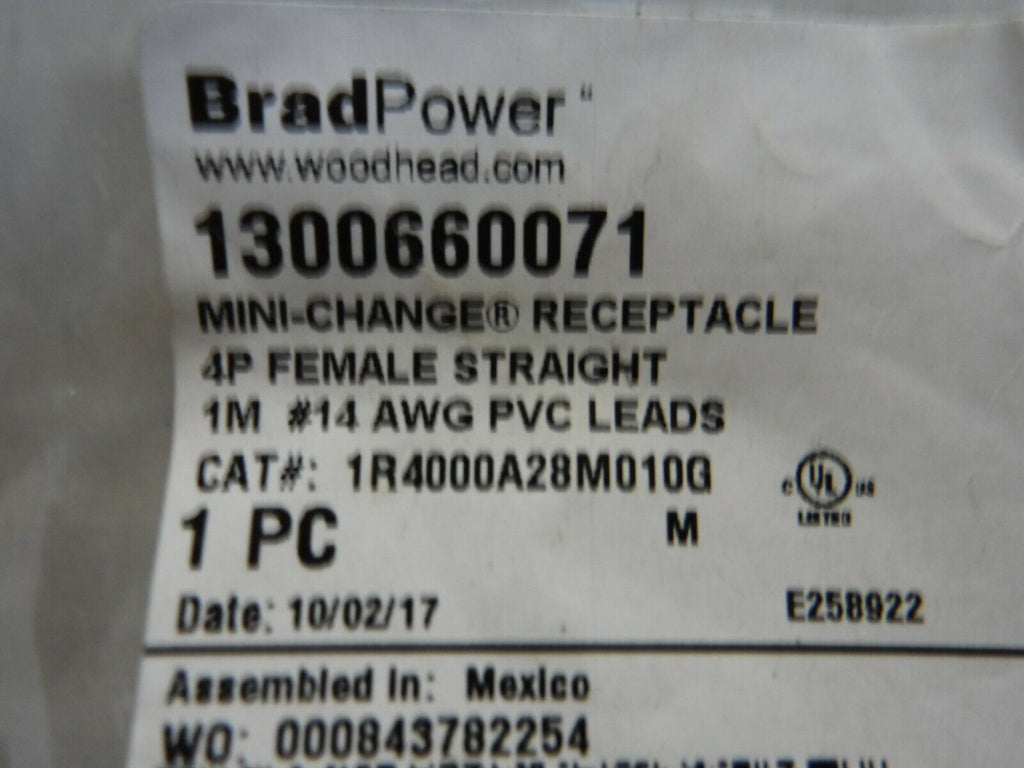 1R4000A28M010G - BRAD POWER 1R4000A28M010G, MINI CHANGE RECEPTACLE FEMALE, 4 - POLE, 14 GAUGE 1M - Surplus Alley