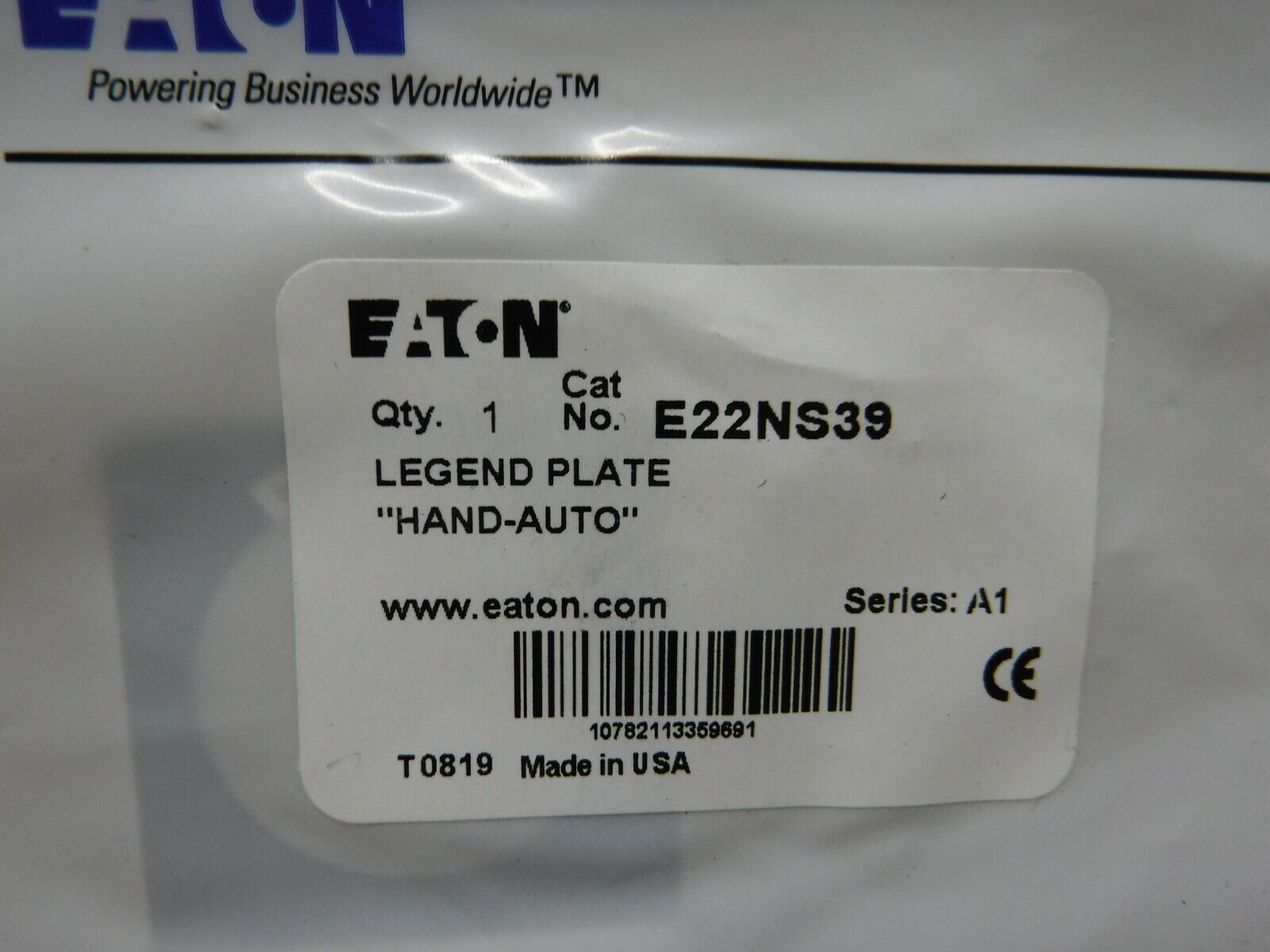 E22NS39 - EATON E22NS39 Legend Plate "Hand Auto" - Surplus Alley