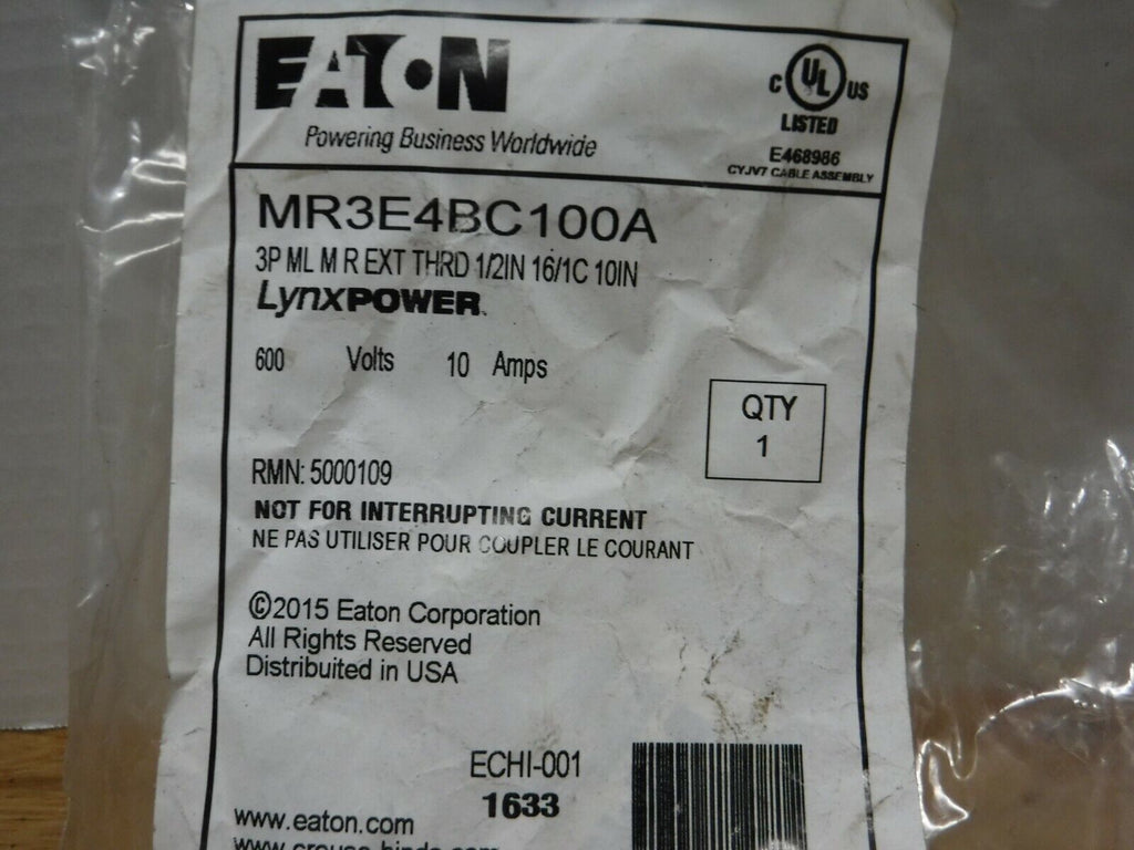 MR3E4BC100A - Eaton MR3E4BC100A, 5000109, 3 - Pole Receptacle 1/2" NPT - Surplus Alley