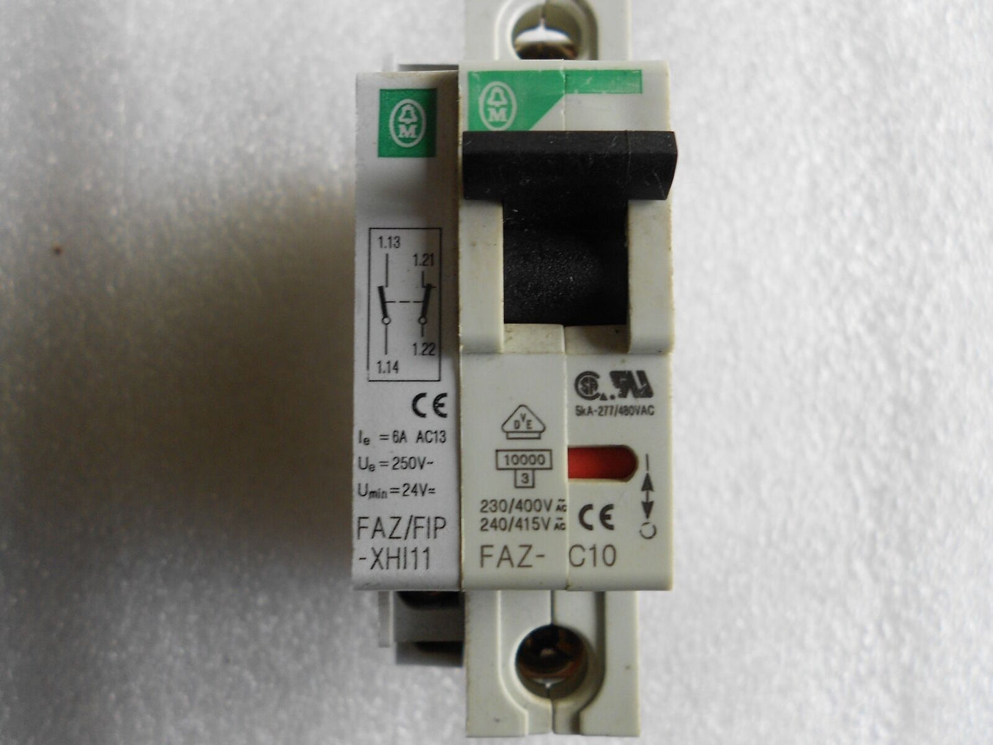 FAZ - C10 - Klockner Moeller FAZ - C10 10 Amp 240/415V Circuit Breaker w/FAZ/FIP - XHI11 Aux. - Surplus Alley