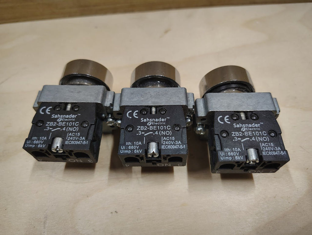 ZB2 - BE101C - LOT OF 3 Schneider Push Button And Contact Block ZB2 - BE101C - Surplus Alley