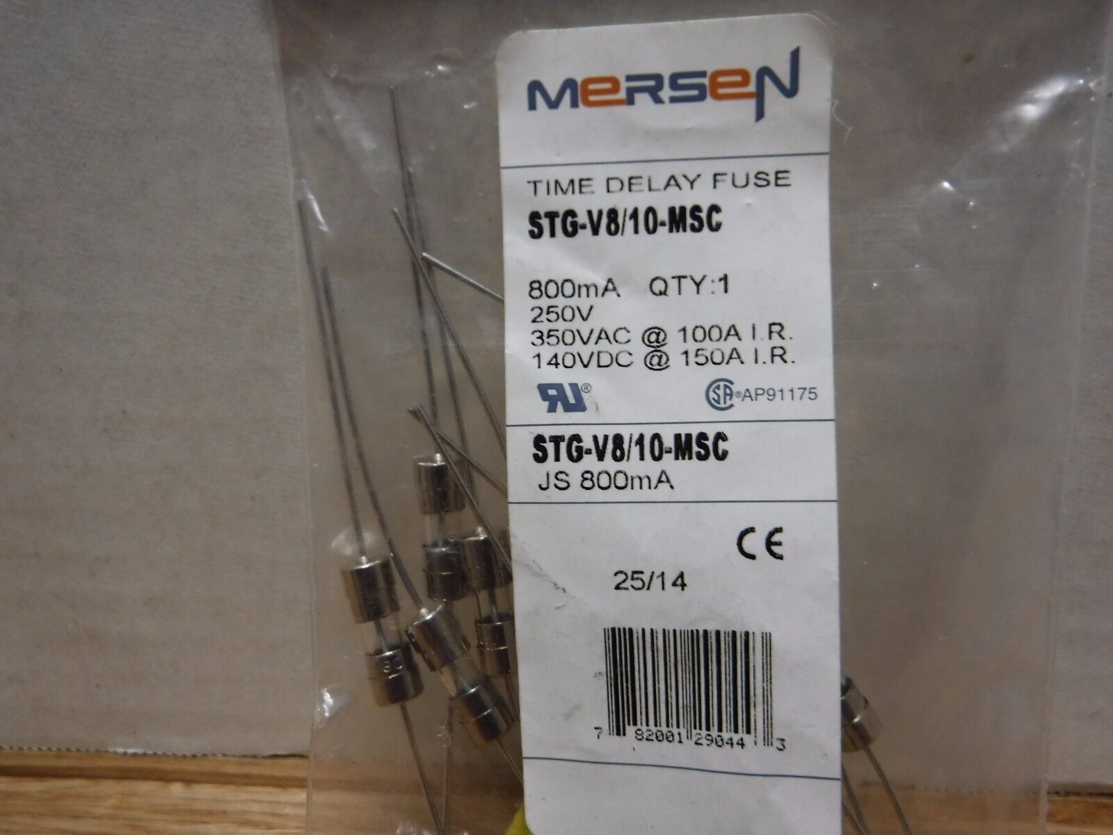 STG - V8/10 - MSC - Mersen Time Delay Miniature Glass Fuse 350V JS 800mA 10PK STG - V8/10 - MSC - Surplus Alley