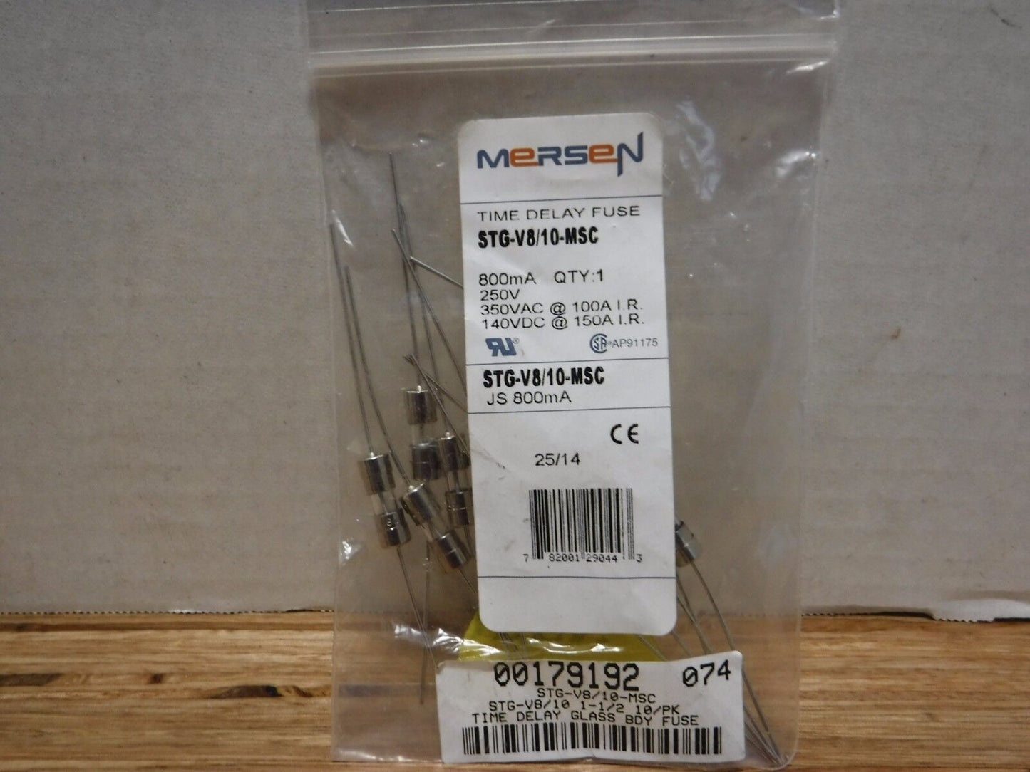 STG - V8/10 - MSC - Mersen Time Delay Miniature Glass Fuse 350V JS 800mA 10PK STG - V8/10 - MSC - Surplus Alley