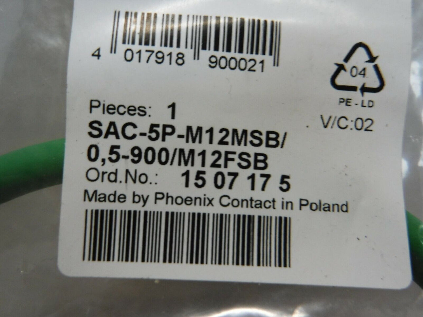 SAC - 5P - M12MSB/ 0 5 - 900/M12FSB - Phoenix Contact SAC - 5P - M12MSB/ 0 5 - 900/M12FSB Cordset, 5 Pin M/F, 1507175, 0.5M - Surplus Alley