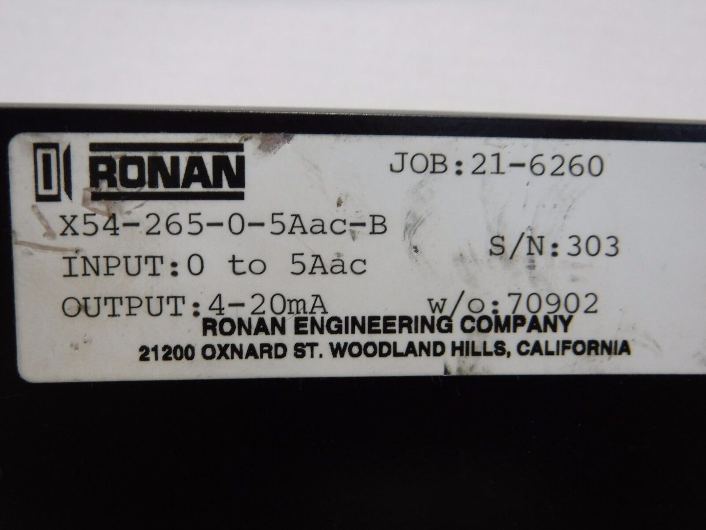 X54 - 265 - 0 - 5Aac - B - Ronan X54 - 265 - 0 - 5Aac POWER SUPPLY, IN: 0 to 5ac, OUT: 4 - 20mA - Surplus Alley