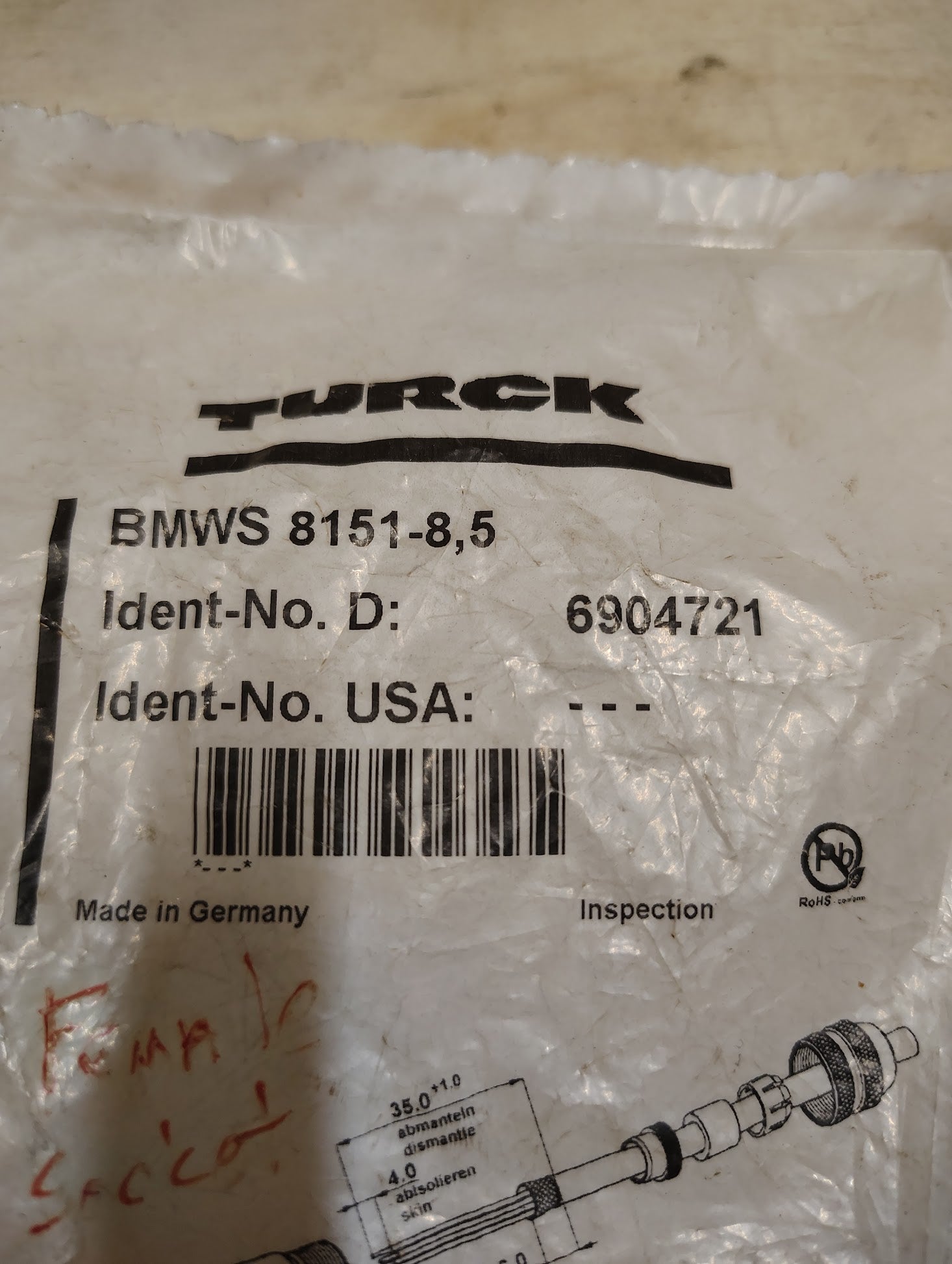 BMWS8151 - 8,5 - TURCK BMWS8151 - 8,5 Field Wire 5 - Pin Female W/ BONUS Male 5 - Pin - Surplus Alley