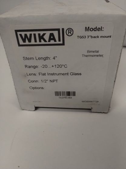 TG53 - WIKA TG53 Thermometer - 20...+120C, 4" Stem, 3" Face Back Mnt, 1/2" NPT, 56056389 - Surplus Alley