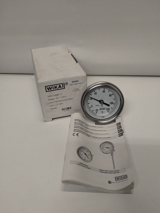 TG53 - WIKA TG53 Thermometer - 20...+120C, 4" Stem, 3" Face Back Mnt, 1/2" NPT, 56056389 - Surplus Alley